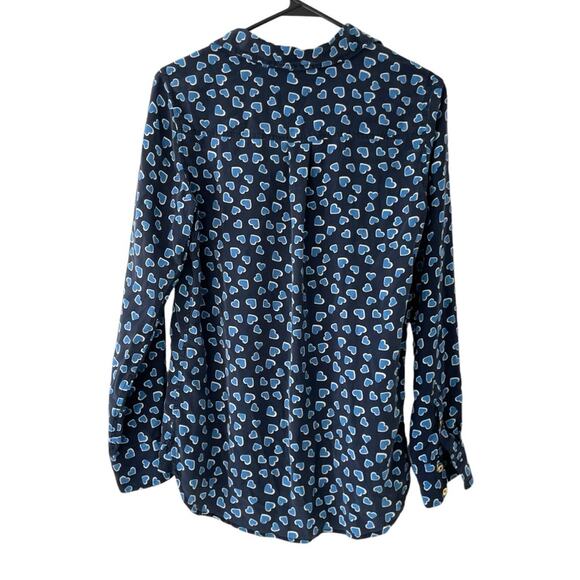 C. Wonder Button-Down Silk Blouse | XS | Navy Blue Heart Print - Picture 4 of 5